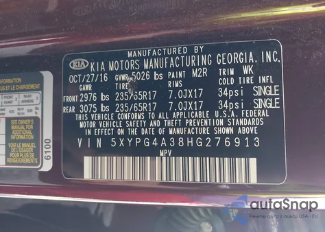 2017 Kia Sorento 2.4L Lx z USA, uszkodzony, nr VIN 5XYPG4A38HG276913